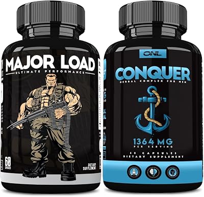 ONL Testosterone Booster & Vitality Bundle for Men – Major Load  Conquer – Energy, Strength & Fertility Support – with Tongkat Ali, Maca Root, Horny Goat Weed & Tribulus Terrestris 60 Ct Each