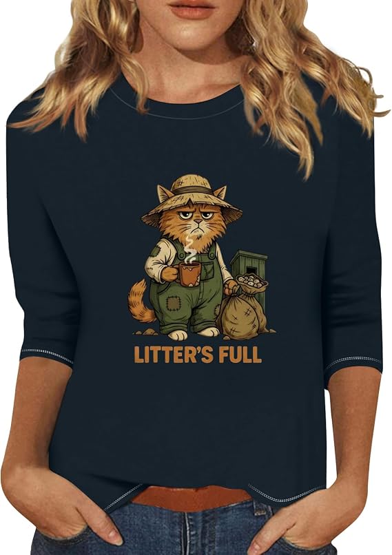 Vintage Sweatshirts for Women Cute Cat Graphic Crewneck Oversized Hoodies Casual Loose Raglan 3/4 Sleeve Pullover