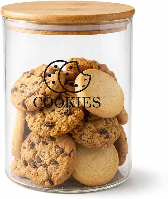 Punorric Biscuit Tin, 3.2L Glass Biscuit Barrel for Kitchen, Airtight Cookie Jar with Wooden Lid, Round Wide Mouth Storage Jar for Candy Buffet and