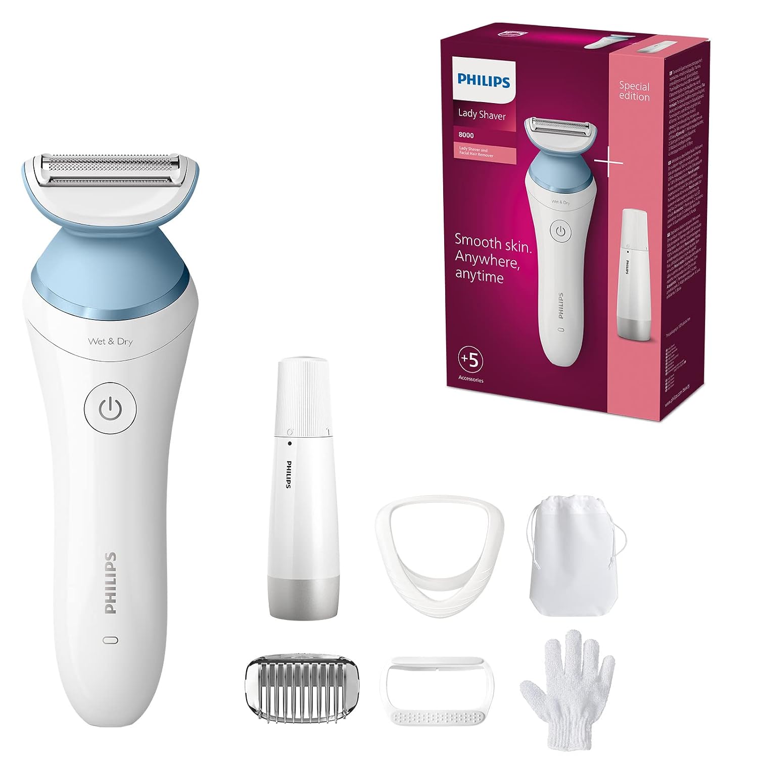 Philips Lady Shaver Series 8000 Wireless Wet Dry Shaver with 5 Accessories & Facial Hair Remover Model BRL166  91