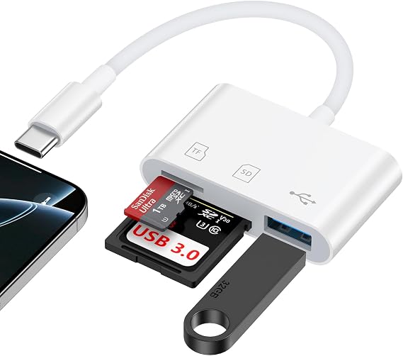 USB C SD Card Reader Adapter for iPhone 16 Pro Max Plus/16e/16 Plus/15,3 in 1 USB-C Memory Trail Digital Camera Card Adapter with SD/Micro SD Card &USB Port for Samsung Galaxy S25 Edge Z Fold 7 Flip 7