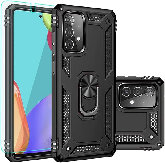 Galaxy A52 ケース、Samsung A52 5Gケース、スクリーンプロテクター付き、ミリタリーグレード 16フィート落下テスト済みカバー、磁気キックスタンド付きカーマウント保護ケース Samsung Galaxy A52 5G用、ブラック