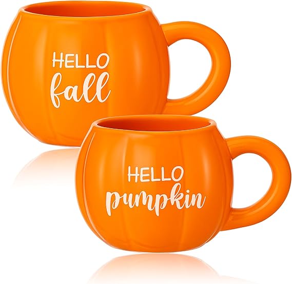 GlikCeil 2 Pcs Fall Pumpkin Coffee Mugs, Hello Fall Hello Pumpkin 17oz Cups