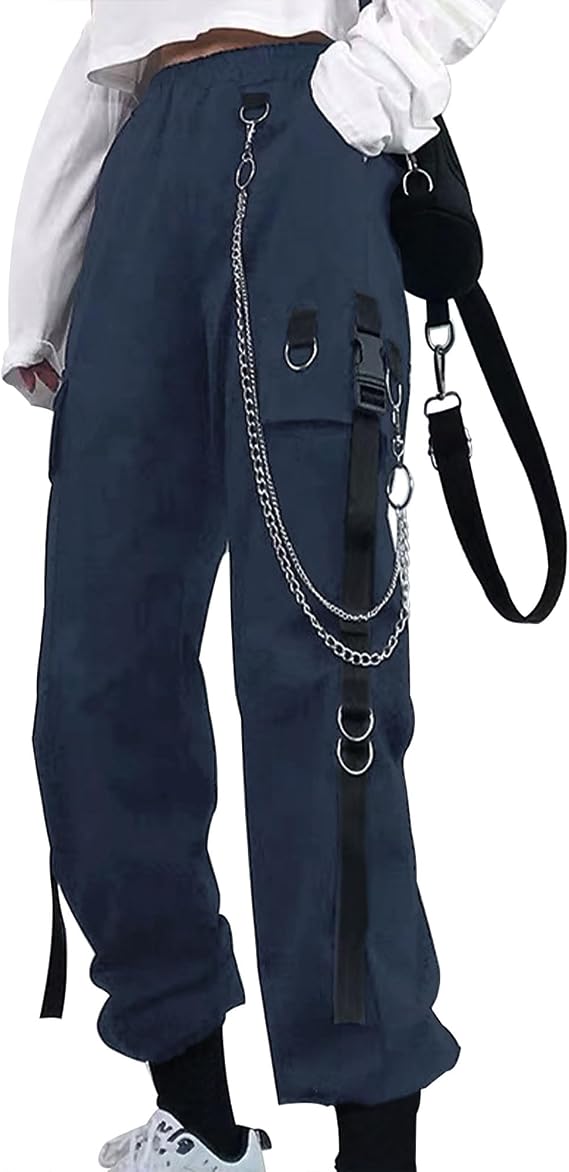 Kisswow Women's High Waisted Baggy Cargo Pants with Chain Pockets | Goth Cargo Pants Women with Elastic Waist, Emo Tripp Rave Punk Rock Outfits for Women, Concert Outfits with Detachable Chain