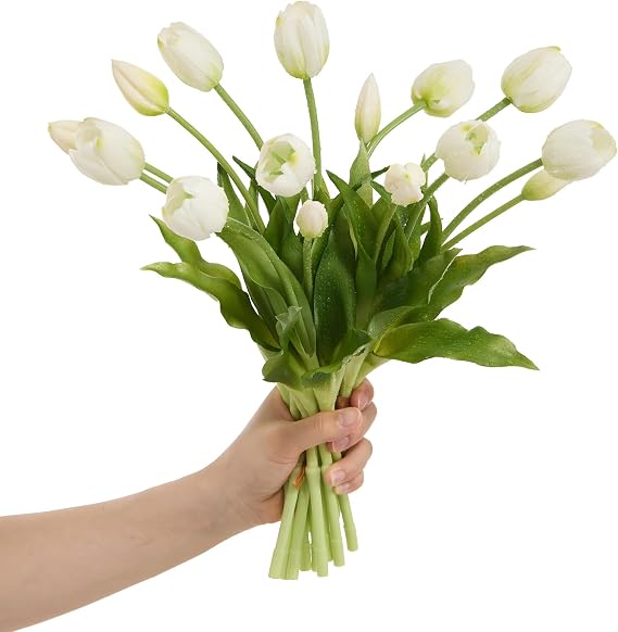 15 pcs Tulips Artificial Flowers Faux Tulips Real Touch Latex Fake Flower Bouquet for Wedding, Office, Party, Home Décor Centerpiece Arrangements (White) | Fake Flower Bouquet for Wedding Dining Table Living Room Home Décor Centerpiece Arrangements