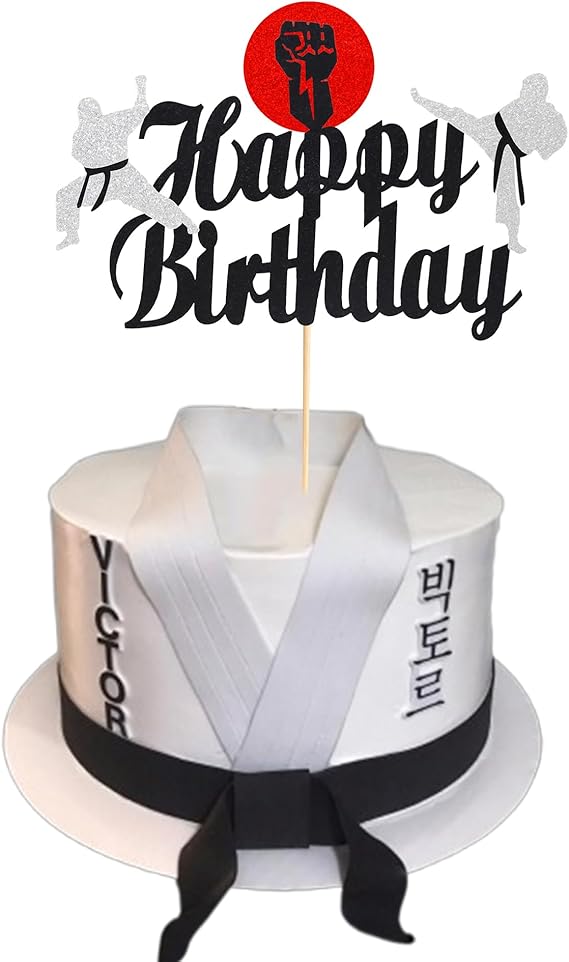 1Pc Karate Cake Topper, Taekwondo theme Kung Fu Sport Cake Topper, Karate Happy Birthday Party Supplies Sparkling Party Decoration