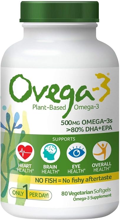 Ovega-3 Vegan Algae Omega-3 Daily Supplement | Supports Heart, Brain and Eye Health*|500 mg Omega-3s | 135 mg EPA + 270 mg DHA | Fish Oil Alternative | No Fishy Aftertaste | Vegetarian Softgels 80 CT
