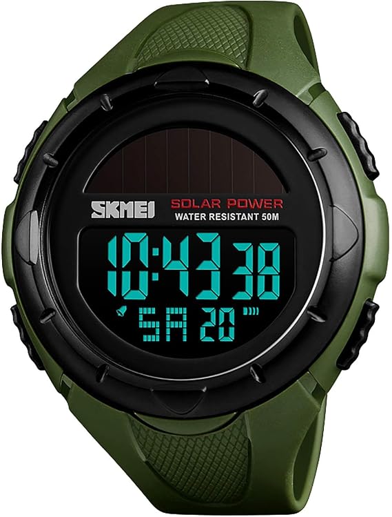 Gosasa Men's Outdoor Sports Multifunction Solar Power LED Digital Watches 50M Water Resistant (Army Green)