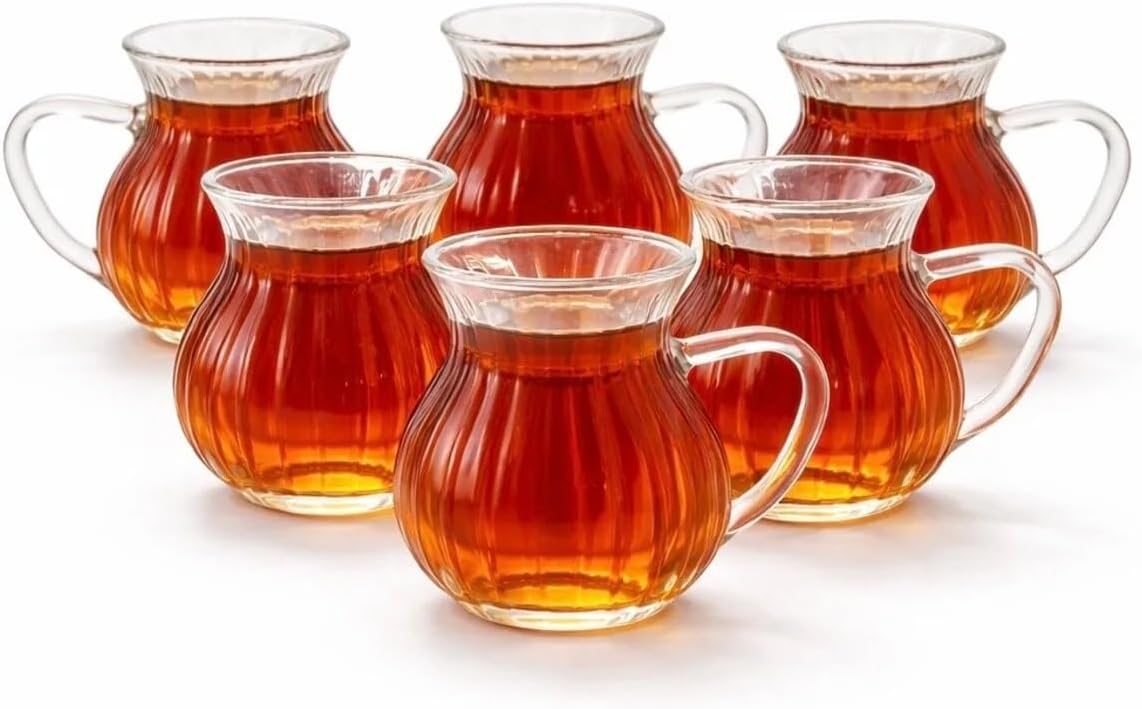 6 Parça Keyfi Ala Kulplu Çizgili Tombul Çay Bardağı Borosilikat Cam 200 ml