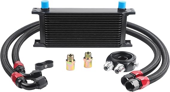 Universal 16 Row Oil Cooler Kit, 10AN Transmission Engine Cooler Kit Stacked Plate universal racing aluminum engine transmission oil cooler Engine British Radiator Oil Cooler Condenser (black)