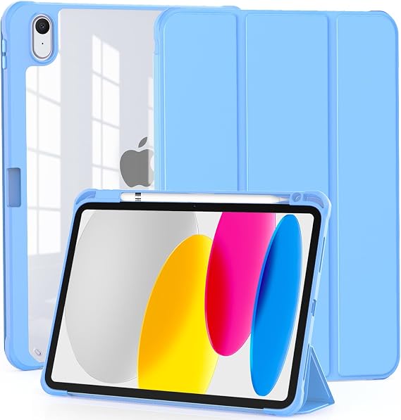 OKP Trifold Stand Case for iPad 11-inch (A16) 2025, for 10.9'' iPad 10th Gen 2022 with Clear PC Back Shell, Light Blue