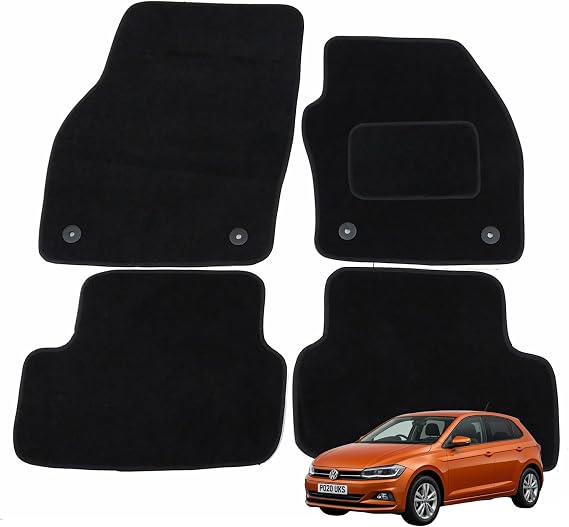 Volkswagen VW Polo MK6 (2018-2021) Car Mats Accessories Tailored Fit Floor Mats Set of 4, Non Slip with Double Thickness Heel Pad and 4 Safety Clips - Black