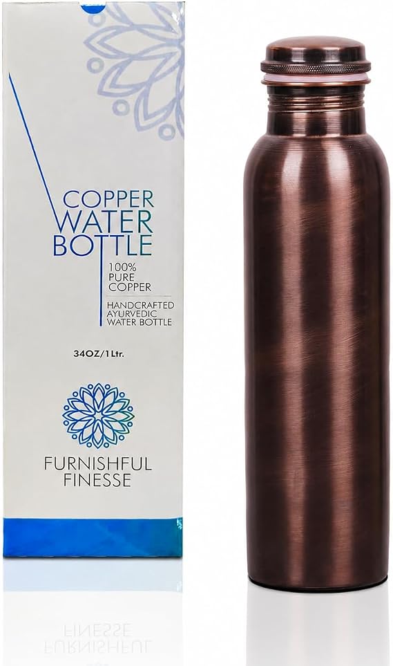 Pure Copper Water Bottle, 1000ml (34 Oz) Antique Matte Finish Drinking Bottle, Leakproof Silicone Seal Cap, Seamless Ayurvedic Copper Vessel for Yoga, Gym, Office & Sports