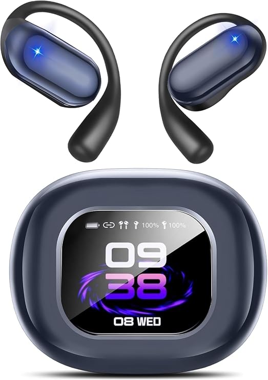 Intelligent Touch Screen Open Ear Bluetooth 5.4 Headphones,Wireless Bone Conduction Over The Ear Earbuds Built-in Mic Sport Earphones with Comfort Ear