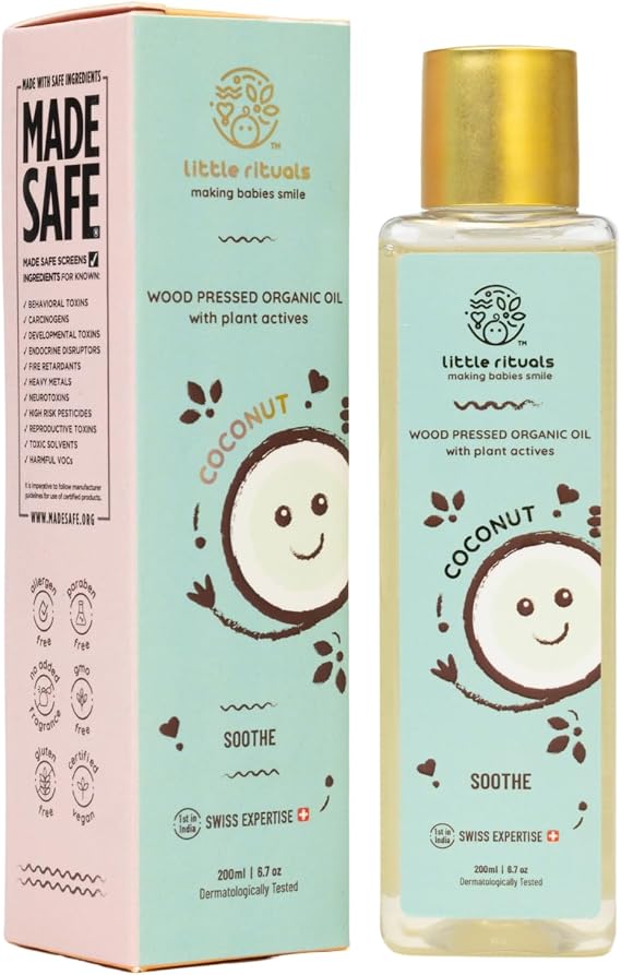 Little Rituals Coconut Baby Massage Oil Certified Organic, Wood Cold-Pressed for Skin and Hair with Swiss Plant Actives - 200 ml. Dermatologist Tested by Pediatrics, Mild & Gentle & Safe