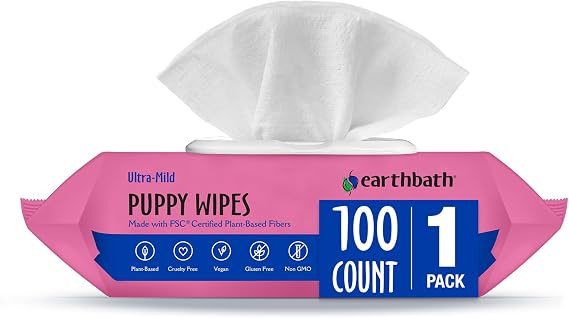 earthbath Ultra-Mild Wild Cherry Puppy Wipes, 100 Count (1 Pack)