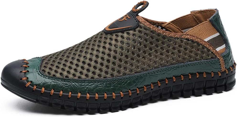 Men's Mesh Breathable Walking Loafers Outdoor Lightweight Slip-on Mesh Casual Shoes Stitching Honeycomb Hiking Shoes for Men Green47