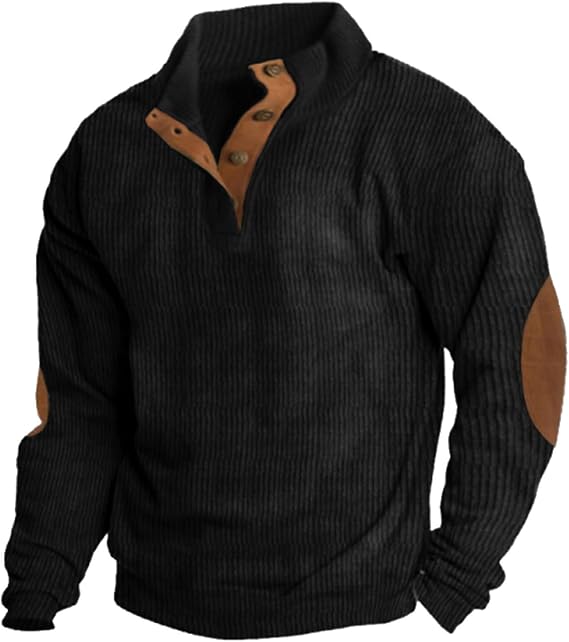 EELHOE Mens Corduroy Shirt Lapel Collar Button Up Pullover Mock Neck Long Sleeve Sweaters Polo Sweatshirts with Elbow Patches