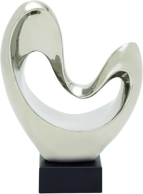 Deco 79 Polystone Abstract Decorative Sculpture Heart Home Decor Statue with Black Base, Accent Figurine 10" x 5" x 14", Silver