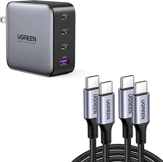 UGREEN 100W USB-C Charger Bundle with 2-Pack USB-C Cables, Compatible with MacBook Pro/Air, iPad, iPhone 15 Pro, Galaxy S24 Ultra, Steam Deck, Dell XPS, Google Pixelbook