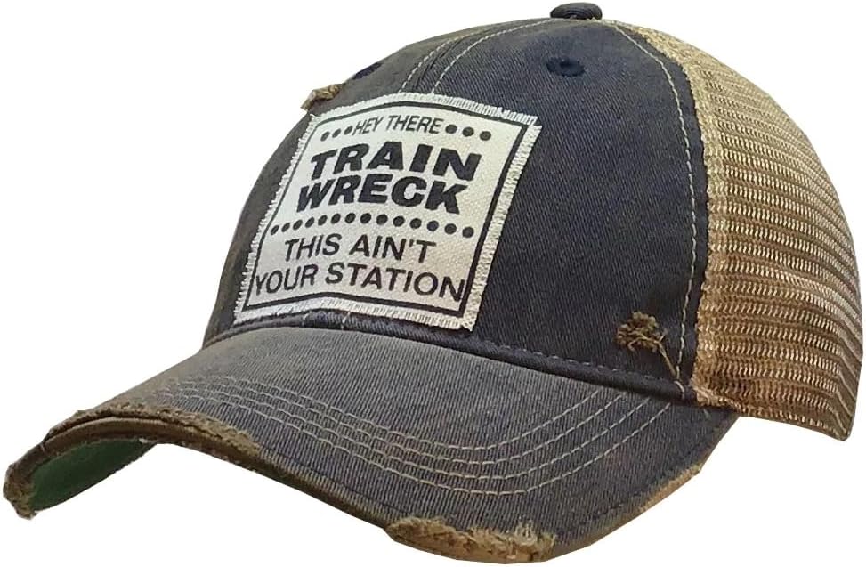 VINTAGE LIFE Hey Train Wreck This Aint Your Station Distressed Trucker Cap, One Size, Navy Blue, Cotton and Polyester, Headgear, Hat, Headwear