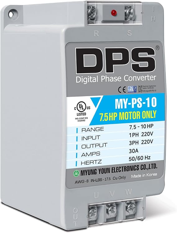DPS Capacity 10HP 30A 220V, Single-Phase to 3-Phase Converter, MY-PS-10 Must Be Only Used for 7.5HP(5.5kW) 23A 220V 3-Phase Motor, One DPS Must Be Used for One Motor Only, UL Listed | For 7.5HP(5.5kW) 23A Motor, Input/Output 200-240V, UL-Listed, 1 DPS per 1 Motor Only, Easy Set Up, Digital Phase Shifter