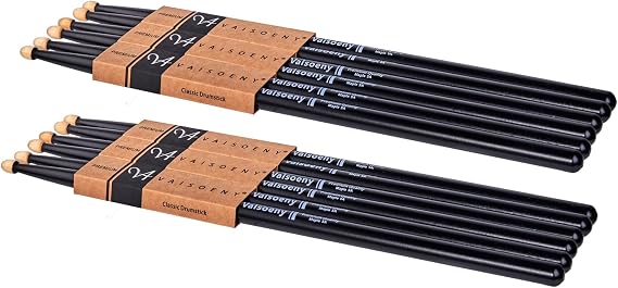 5A Drumsticks, 6 Pairs Lacquered Maple Wood Drum Sticks (Black)