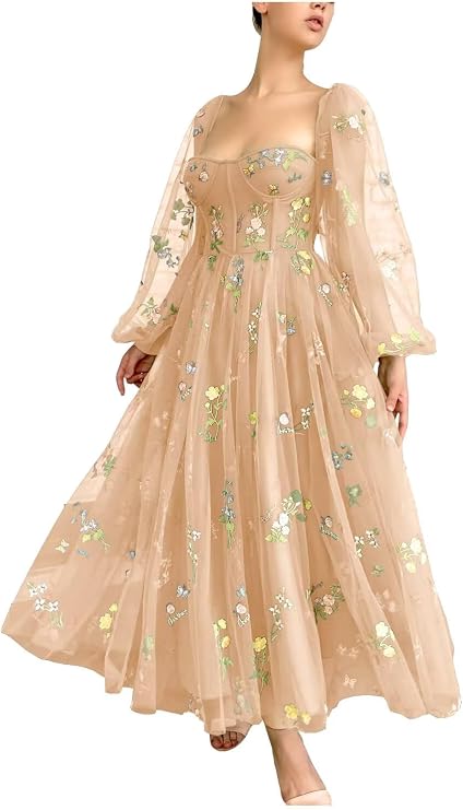 Xijun Women's Flower Embroidery Tulle Prom Dresses Corset Tea Length Formal Evening Party Gown with Long Sleeve