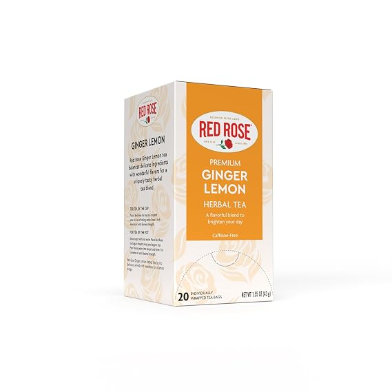 Red Rose Ginger Lemon Tea Caffeine Free Herbal Tea Naturally Flavored Tea with Mint, Lemon, Orange & Lemongrass Herbal Tea with 20 Individually Wrapped Tea Bags Per Box