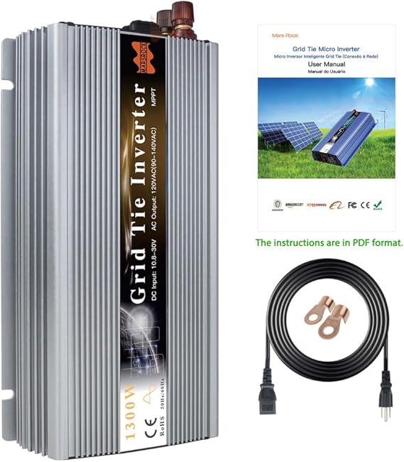 Marsrock 1300W MPPT Pure Sine Wave Grid-Tie Micro Inverter, Converts 20-50V DC to 110V/120V AC, Perfect for Home Solar or Wind Power Systems. (Silver)