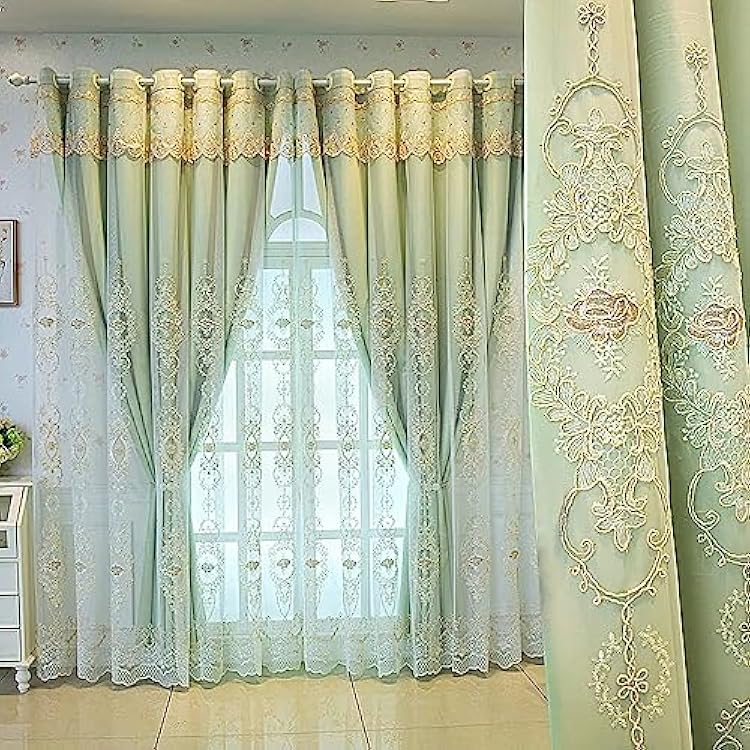 Amidoudou 1 Pair European Double Layer Curtains with Valances for Living Room Bedroom 3D Flower Embroidered Curtains Green,63x90 Inch