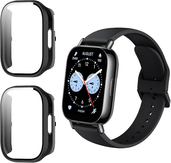 Hard Case Compatible with Xiaomi Redmi Watch 5 Lite Tempered Glass Protective Case [Pack of 2] All-Round Shockproof Protective Case with HD Screen Protector Scratch-Resistant Ultra Thin Protective Case - Black