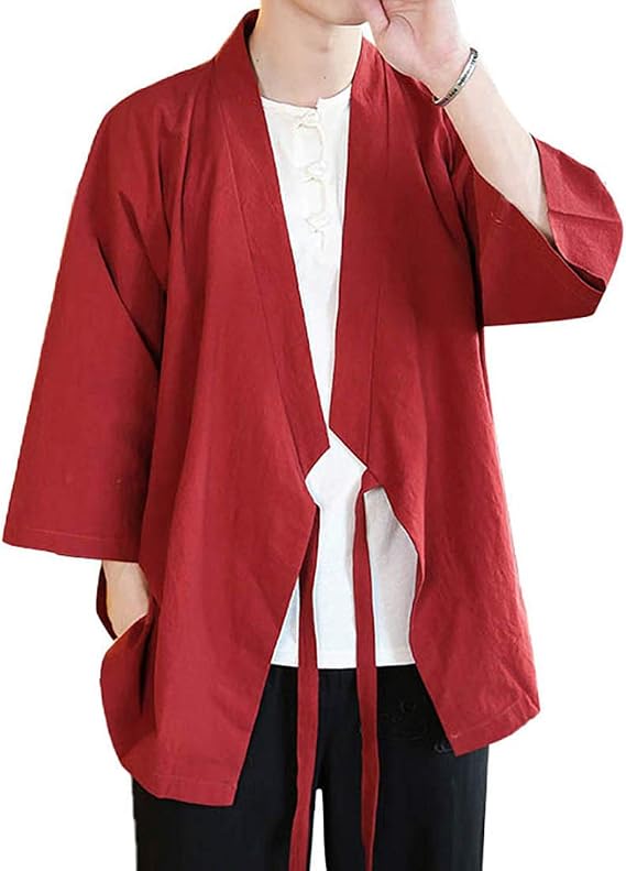 Men's Vintage Kimono Cardigan Cotton Linen Wrap Front Japanese Jinbei Haori Jacket Loose Fit Solid Color Hanfu Top Cover Up (20714-Wine Red, L)