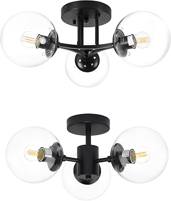 Clear Globe Semi Flush Mount Ceiling Light Black Sputnik Light Fixture Chandeliers Mid Century 3 Light Clear Globe Glass Black Chandelier for Bedroom Living Room Hallway Entryway
