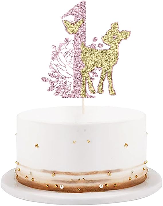 Small Deer 1st Birthday Cake Topper - Deer, Butterfly, Pink & Gold