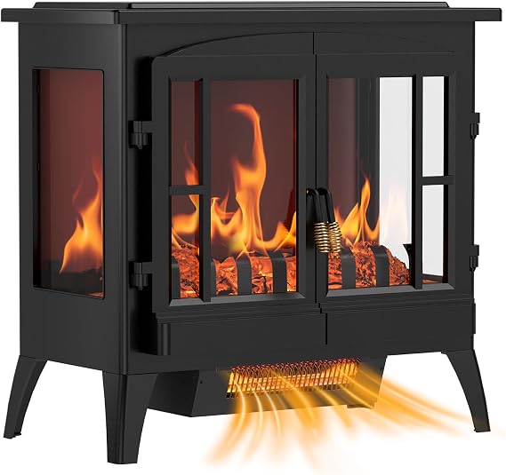 Quiniver Freestanding Two Door Electric Stove 270° Wide View Heater | Two heating modes,tunable panoramic 3D flames,ultra quiet operation,overheat cut-off,cool exterior