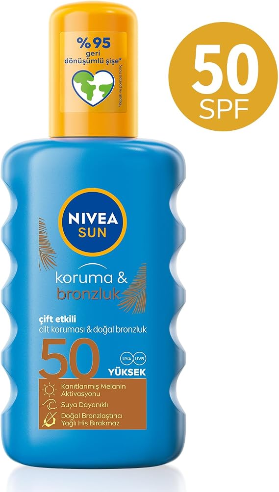 NIVEA SUN SPF50 Koruma Ve Bronzluk Güneş Spreyi 200ml, Doğal Bronzluk, Suya Dayanıklı,Melanin