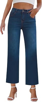 Wide Leg Jeans Woman Straight Leg Jeans for Women Stretchy High Waisted Crop Capri Woman Jeans with Raw Hem