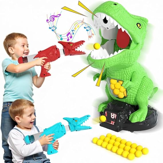 Dinosaur Shooting Toys for Boys 3 4 5 6 7 Years Old, 2 Air Pump Launchers, Movable Target & 48 Foam Balls, Outdoor/Backyard Games with LED Score & Sound, Christmas/Birthday Gift for Toddlers