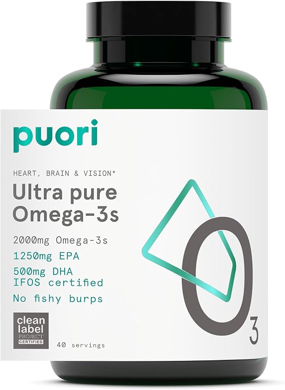Puori O3, Omega 3 Fish Oil Supplement, IFOS Certified - 120 Softgels | Ultra Pure, Burpless Wild Caught Fish Oil with 2000mg Omega 3 Fatty Acids,1250mg EPA & 500mg DHA - Heart, Brain & Vision