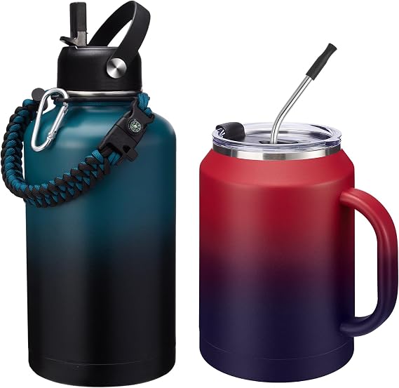 64oz Insulated Water Bottle & 50oz Insulated Mug (Black & Ruby Purple) Bundle