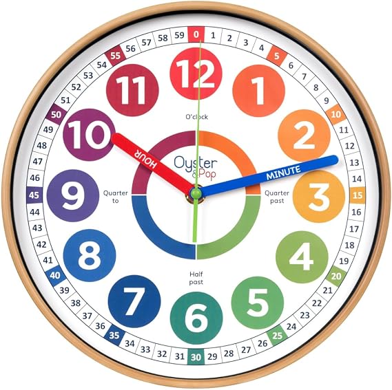 Oyster&Pop Kids Clock Silent 10" Analog Learning Wall Clocks - Award-Winning Telling Time Teaching Clock for Kids - Bedrooms Homeschool & Classrooms - Includes eBook