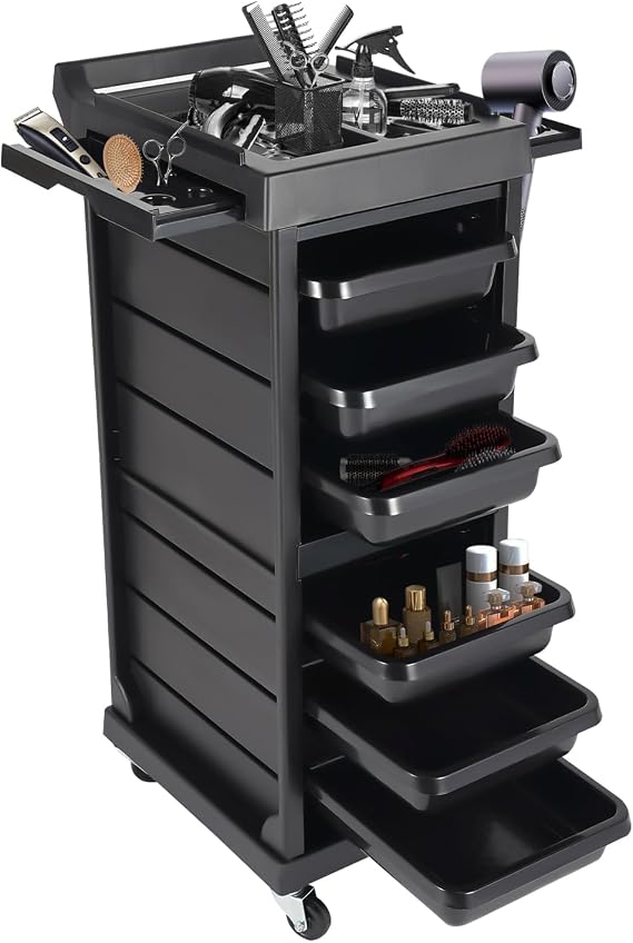 Salon Trolley | Salon T-Rolley Cart with Wheels | Hair C-Art Organizer for Extra Storage | Hairdresser Storage Station Hairstylist Trolley | Beauty Cart | Tattoo Tray cart | 6 Drawers & Dryer Holder