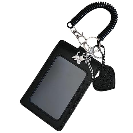 Leather Kpop Photo Card Holder with Pendant Black 3 Inch Credit ID Bank Card Card Student Card Pendant Keychain Badge Holder (F)