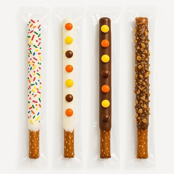 Chocolate Covered Pretzel Rods 20 Pack Assortment White & Milk Chocolate with Sprinkles, Toffee & Candy Toppings Individually Wrapped Gourmet Snack Gift