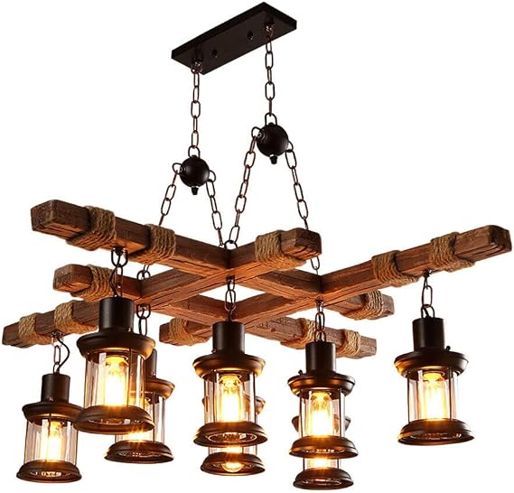 Farmhouse Wood Chandelier 8-Light Vintage Style Pendant Light Adjustable Height Ceiling Chandelier 4 Square Frame Industrial Wooden Chandelier for Bars Cafes Loft Restaurant Use | US Stock