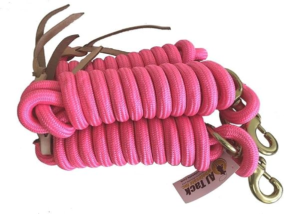 AJ Tack 9 Ft Nylon Lead Rope, Leather Popper, Set of 3 Hot Pink