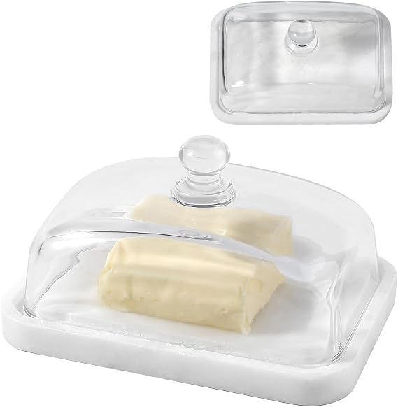 Koville White Marble Butter Dish with Lid for Countertop and Refrigerator Door Shelf, White Marble Butter Keeper, Stone Butter Dish with Lid, Airtight Butter Keeper Container, Dishwasher Safe