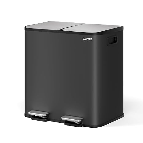Garvee Trash Can, 2 x 4 gal (2 x 15 L) Garbage Can for Kitchen Dual Compartment Recycling Kitchen Step Trash Bin, Stainless Steel Trash and Recycle Bin Combo with Soft-Close Lid,Black
