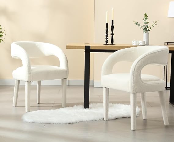 CIMOTA White Upholstered Dining Chairs Set of 2 Modern Kitchen & Dining Room Chairs Sherpa Kitchen Chairs with Arms/Open Back Comfy Accent Chairs for Living Room/Bedroom, Faux Fur White/2PCS